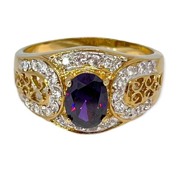 Vintage Ring Size 6 Purple & Clear Cubic Zirconia 18K Gold Plate Mid-Century 14J - Picture 6 of 9